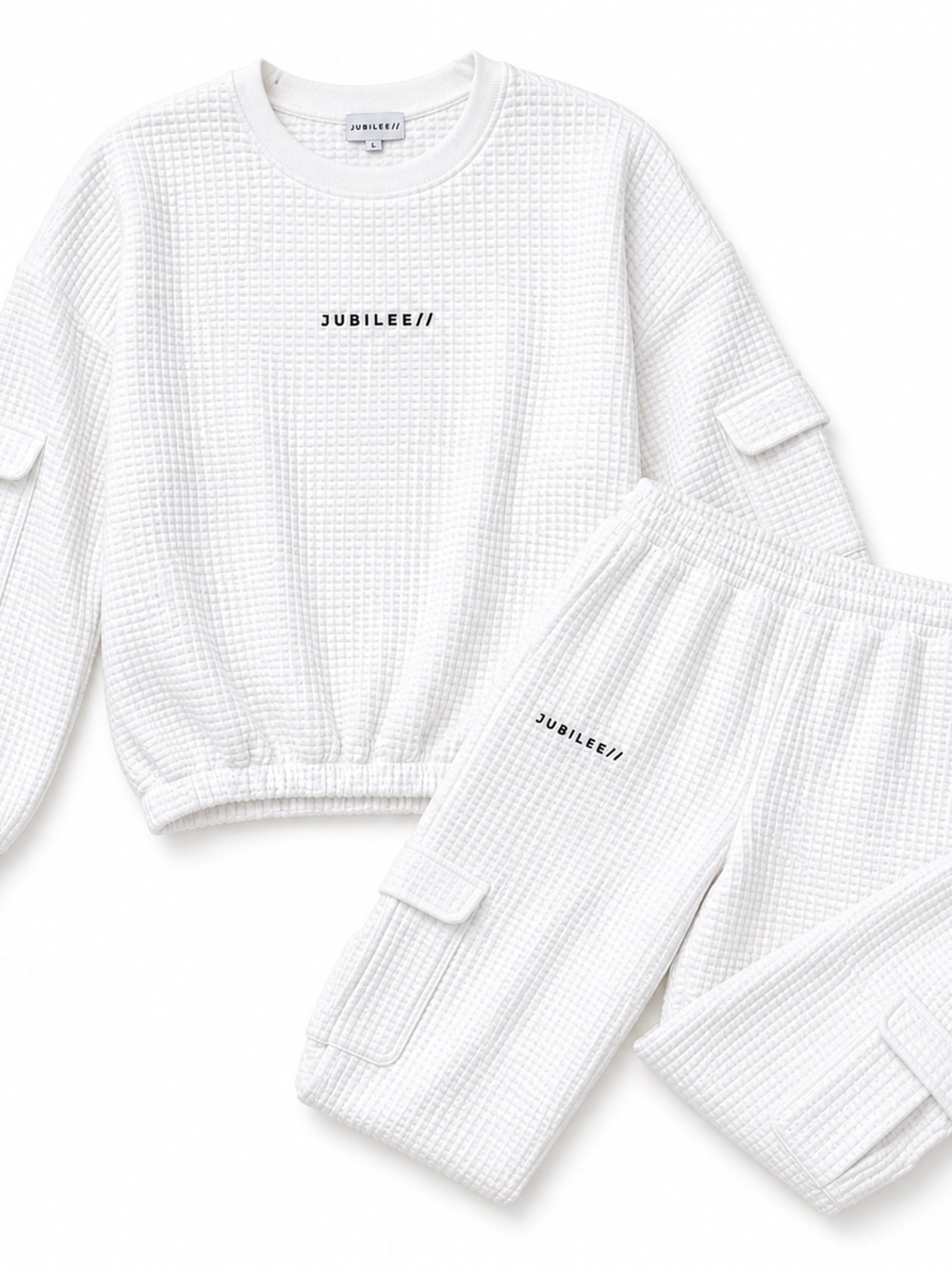 Jubilee White Waffle Knit Matching Set Oversized Sweatshirt Joggers L